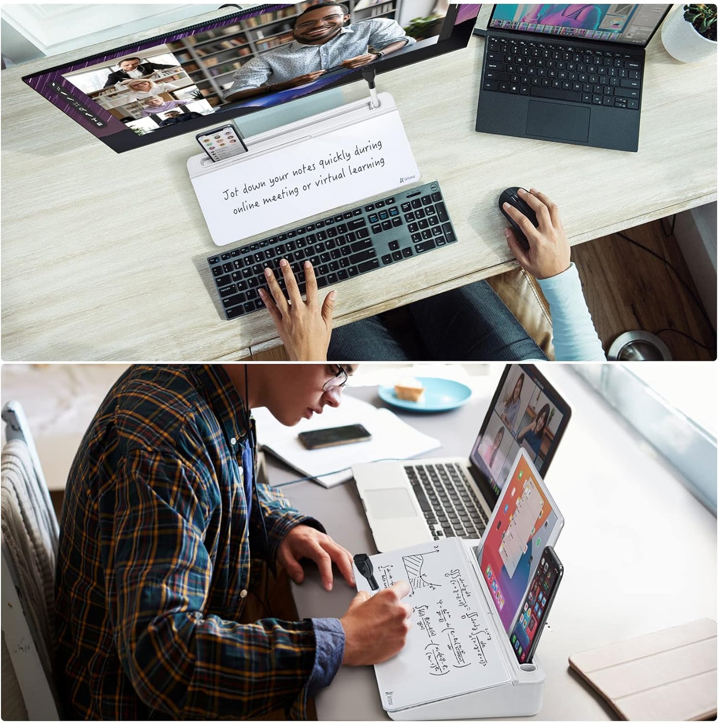 Glass Desk Whiteboard with Storage, Desktop Organizer To-Do List Memo Notepad Dry Erase White Board for Home Office and School Supplies (White)