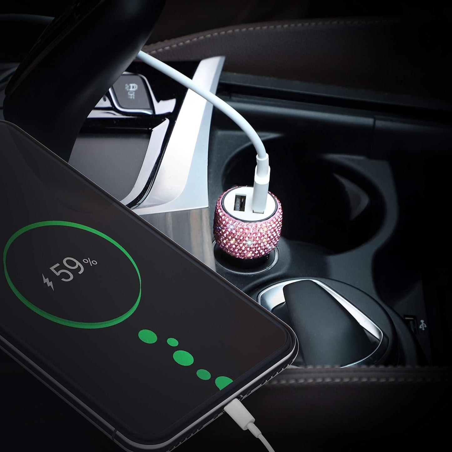 Dual USB Car Charger, Car Adapter Bling Bling Rhinestones Crystal Car Decorations for Fast Charging Car Decors for Iphone Xs Max X Plus, Ipad Pro/Mini, Samsung