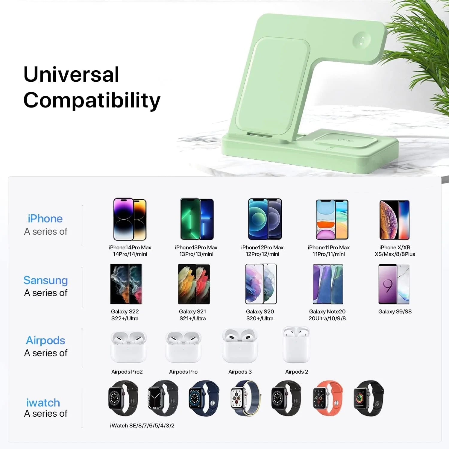 Wireless Charger for Iphone,3 in 1 Wireless Charging Station for Iphone 17 16 15 14 13 12 11 Pro Max plus XS XR X 8,For Iwatch 9 8 7 6 5 4 3 2 Se,For Airpods 3 2 Pro,Light Green,No Adapter
