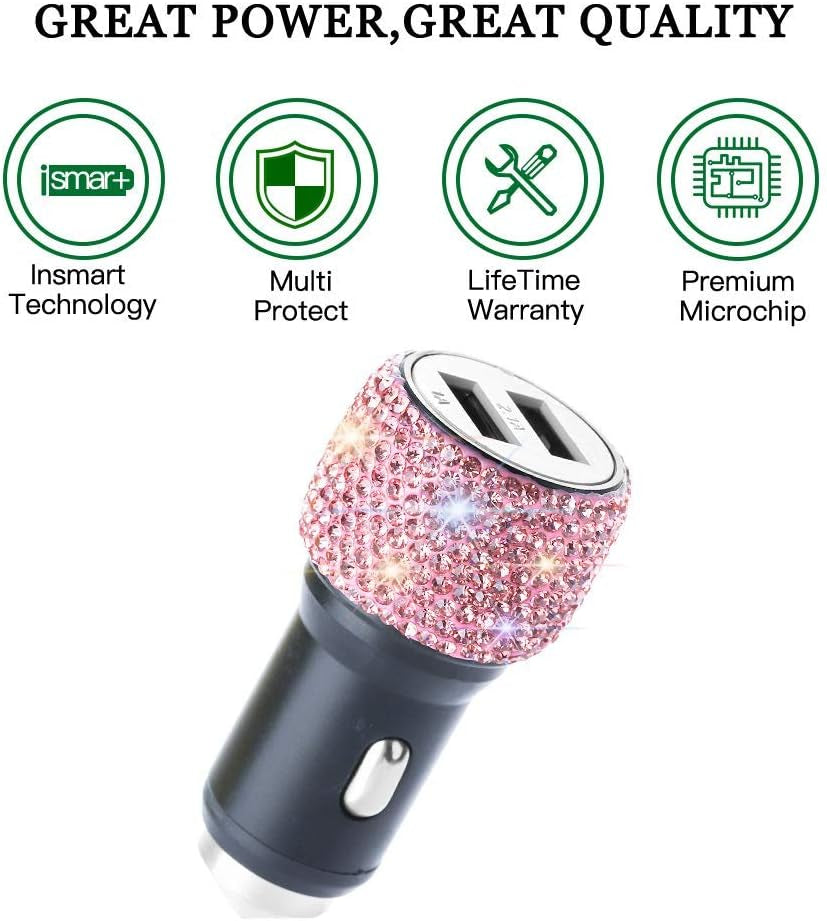 Dual USB Car Charger, Car Adapter Bling Bling Rhinestones Crystal Car Decorations for Fast Charging Car Decors for Iphone Xs Max X Plus, Ipad Pro/Mini, Samsung