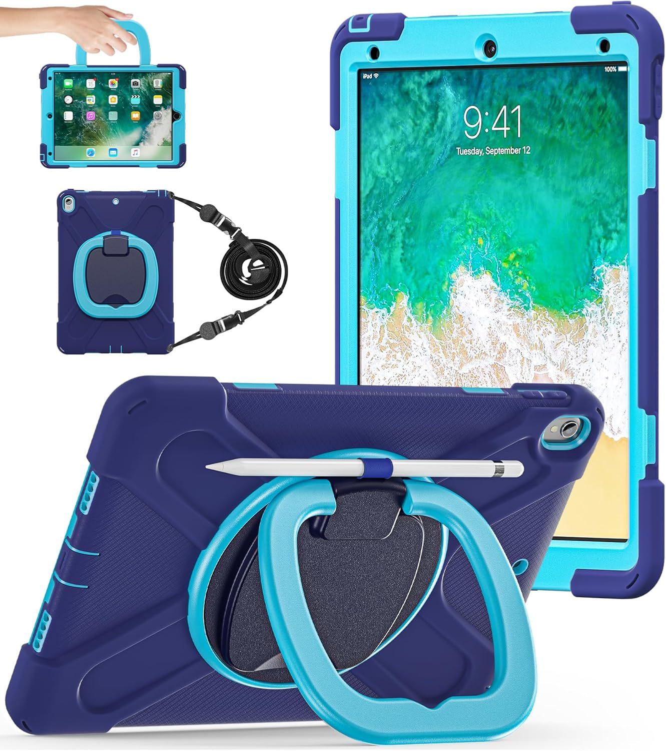 Ipad Air 3Rd Generation Case 2019 / Ipad Pro 10.5 Inch Case 2017; Rugged Heavy Duty Protective Cover with Pencil Holder, 360° Swivel Stand, Shoulder Strap; for Kids (Navy Blue+Blue)
