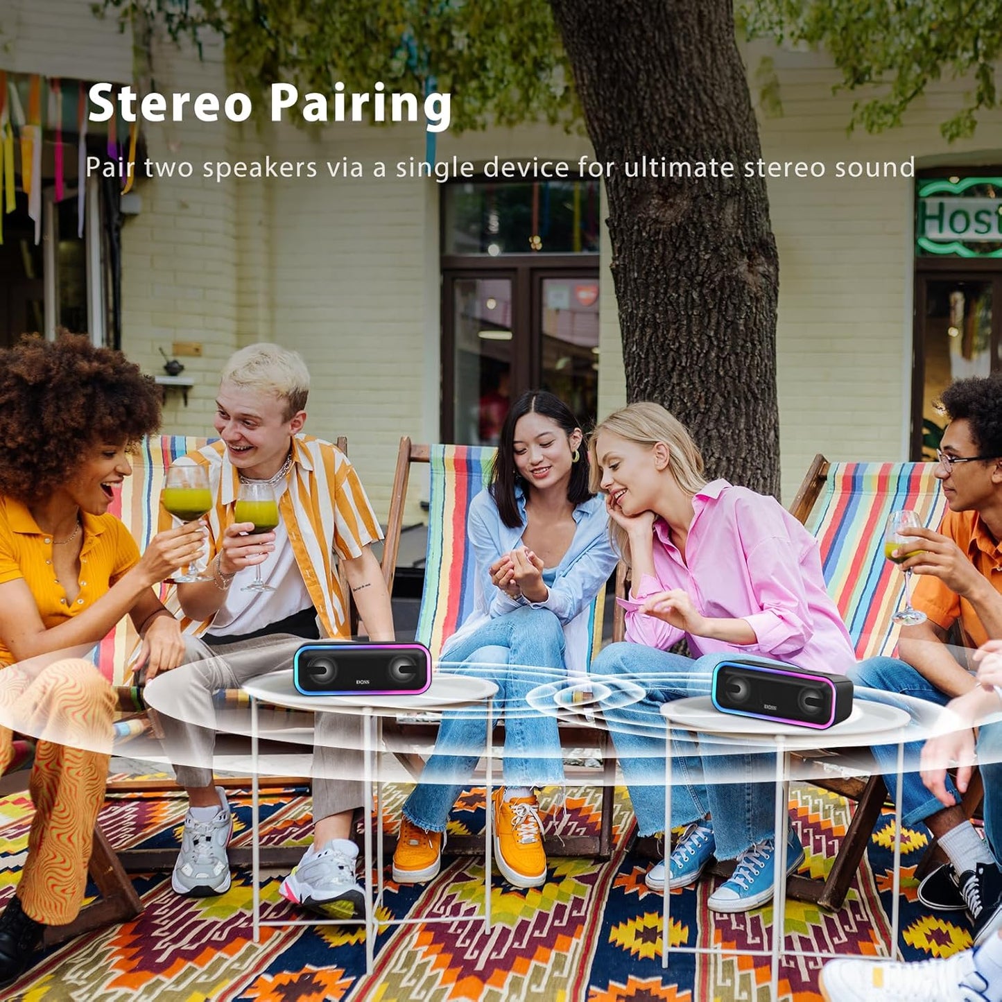 Soundbox Pro+ Bluetooth Speaker, Immersive 24W Stereo Sound with Booming Bass, IPX6 Waterproof, 15H Playtime, Mixed Colors Lights, Wireless for Backyard, Hiking, Garage, Party-Black