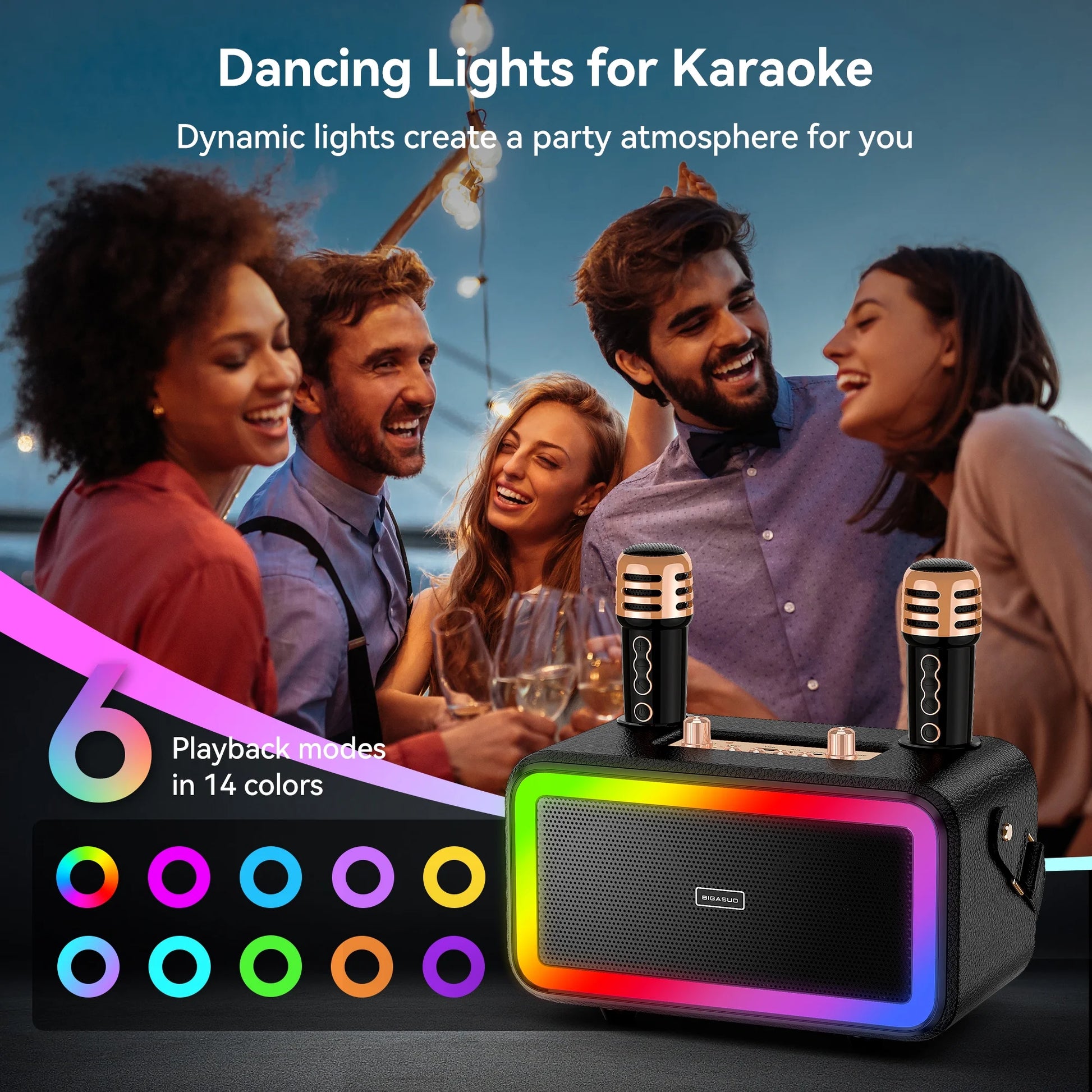 Karaoke Machine with 2 UHF Wireless Microphone, Portable Bluetooth Karaoke with RGB Colorful Light, Reverb Adjustment, PA System Singing Machine Party Karaoke Speaker