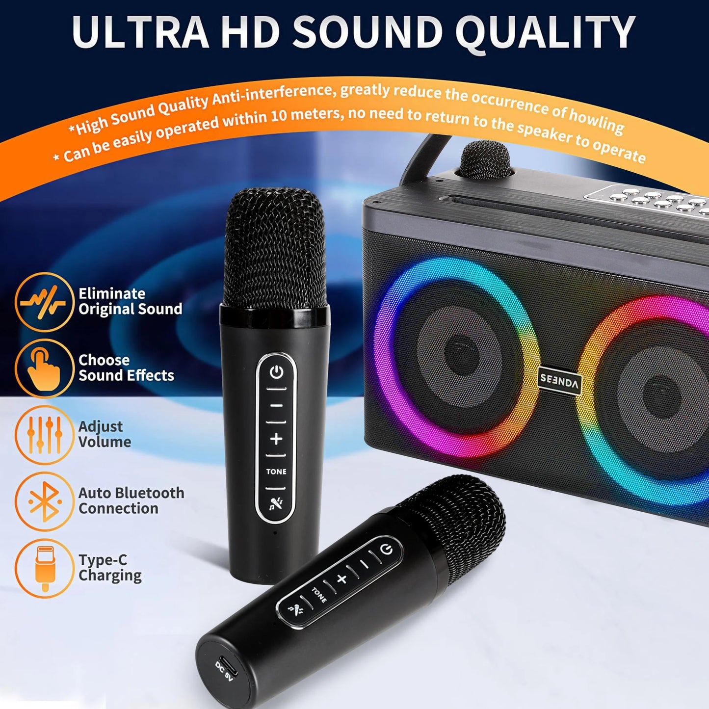Karaoke Machine, Portable Speaker PA Systerm with 2 Wireless Microphones for Adults and Kids