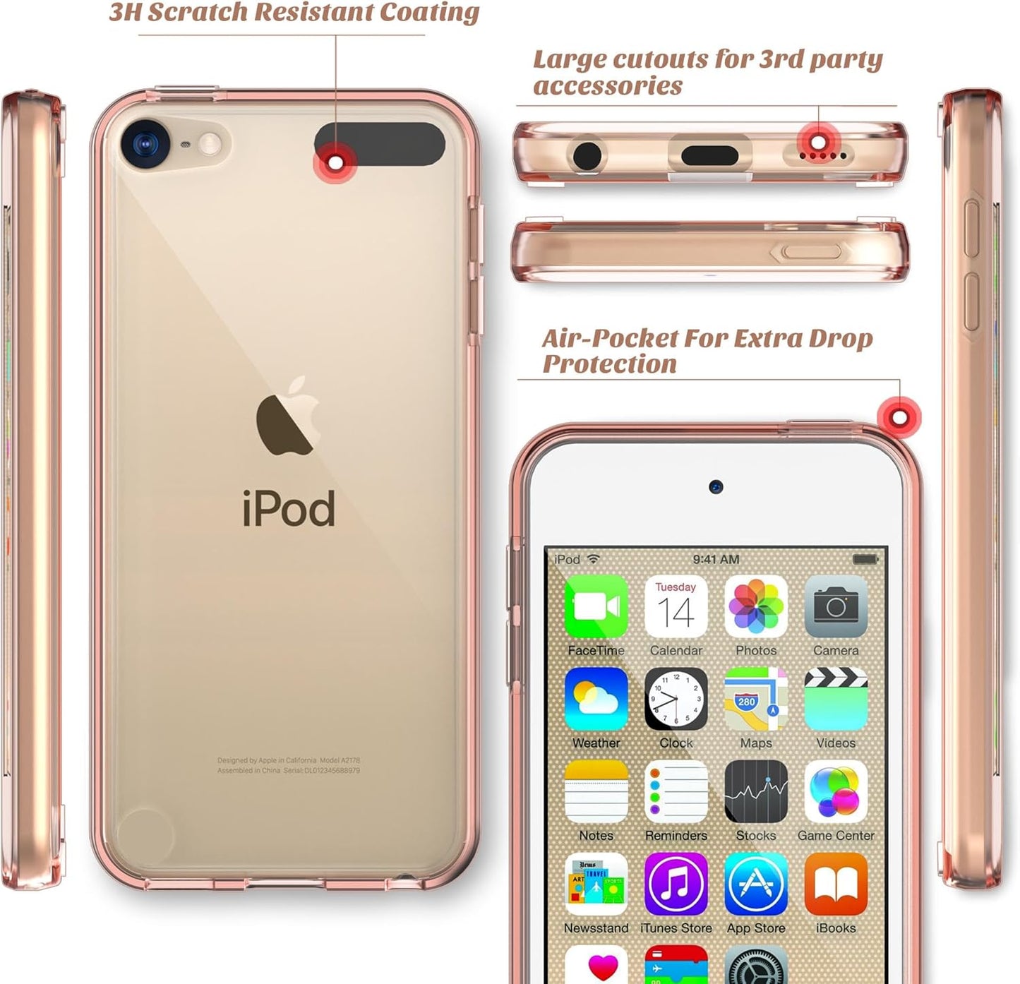 Compatible with Ipod Touch 7/6/5 Case, Clear Slim Hybrid Bumper Tpu/Scratch Resistant Hard PC Back/Corner Shock Absorption Case for Apple Ipod Touch 5Th/6Th/7Th Generation, Rose Gold