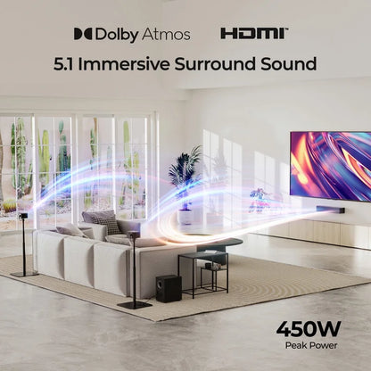 5.1 Dolby Atmos Sound Bar, 450W Peak Power, Surround Sound System for TV, Wireless Subwoofer Bass Boost, Surround Adjustable