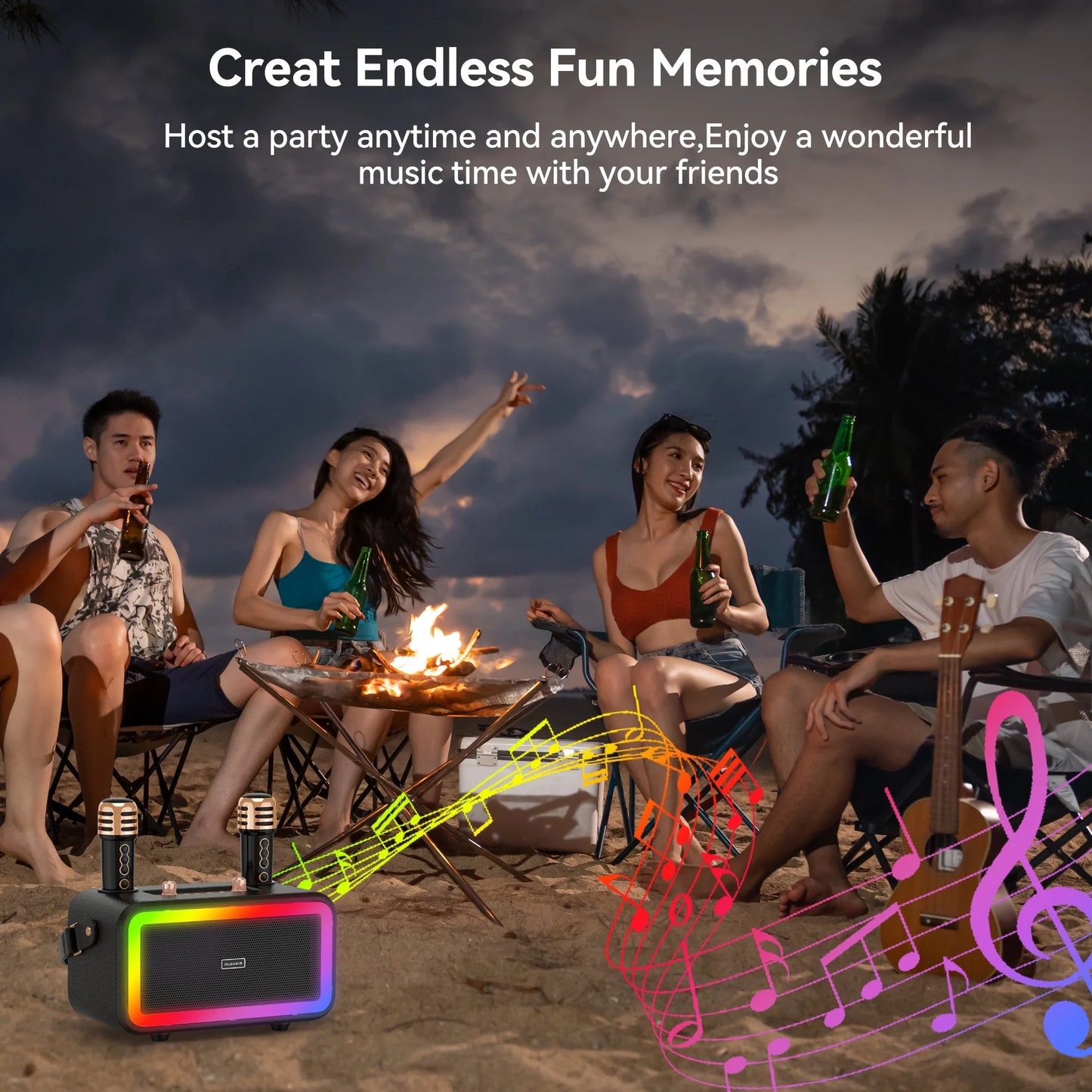 Karaoke Machine with 2 UHF Wireless Microphone, Portable Bluetooth Karaoke with RGB Colorful Light, Reverb Adjustment, PA System Singing Machine Party Karaoke Speaker