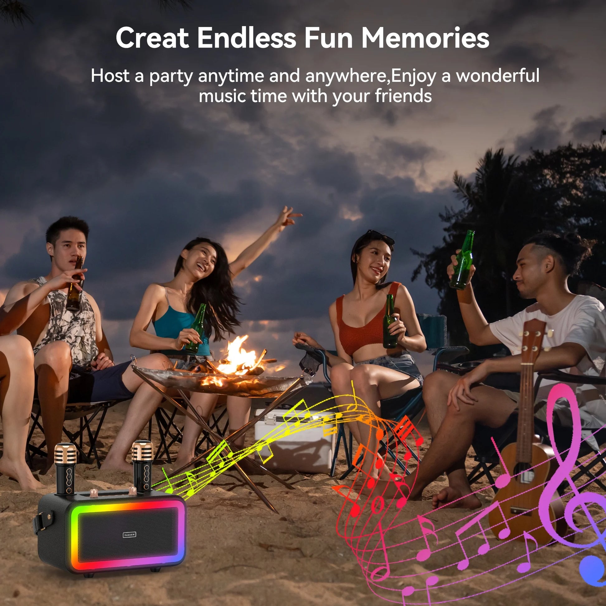 Karaoke Machine with 2 UHF Wireless Microphone, Portable Bluetooth Karaoke with RGB Colorful Light, Reverb Adjustment, PA System Singing Machine Party Karaoke Speaker