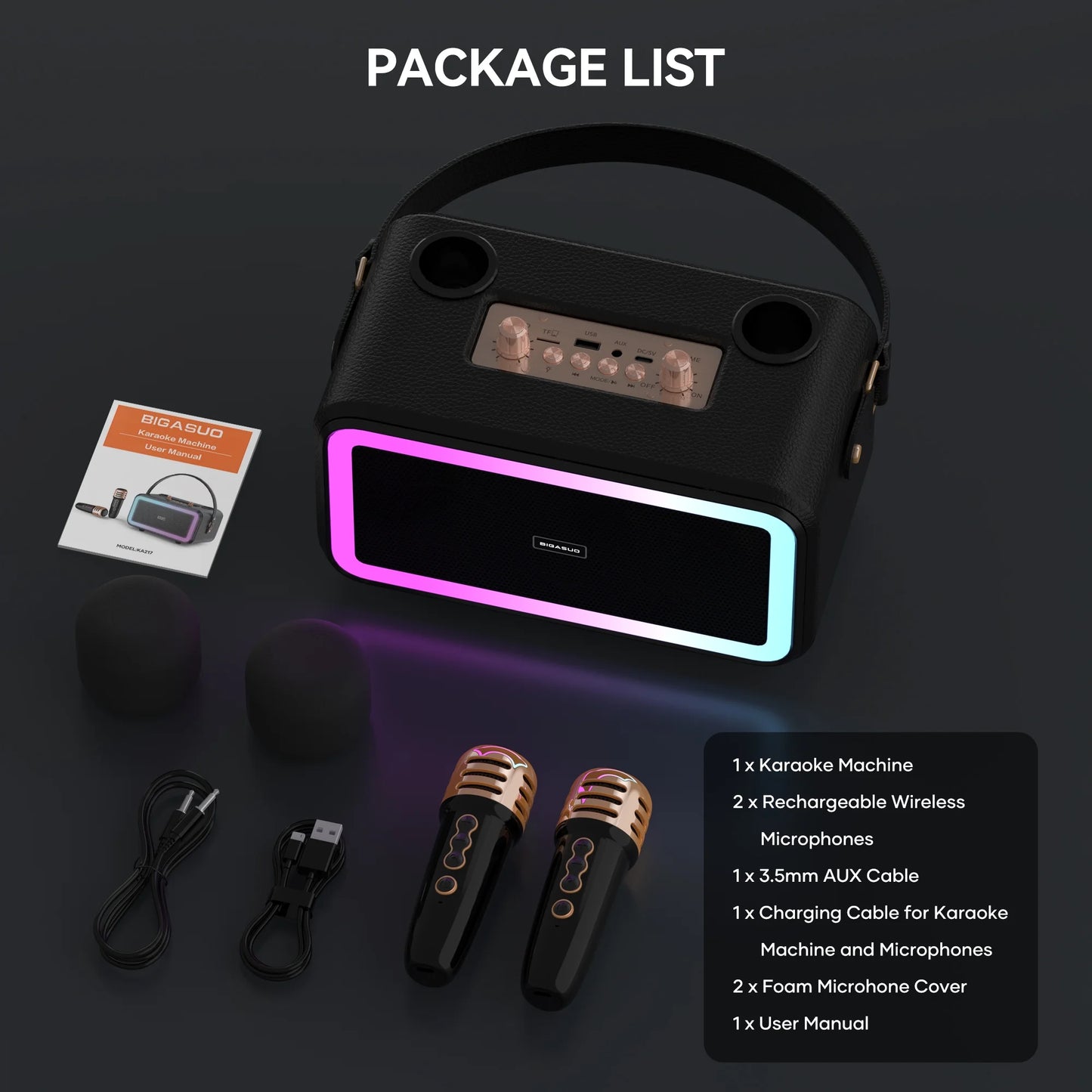 Karaoke Machine with 2 UHF Wireless Microphone, Portable Bluetooth Karaoke with RGB Colorful Light, Reverb Adjustment, PA System Singing Machine Party Karaoke Speaker