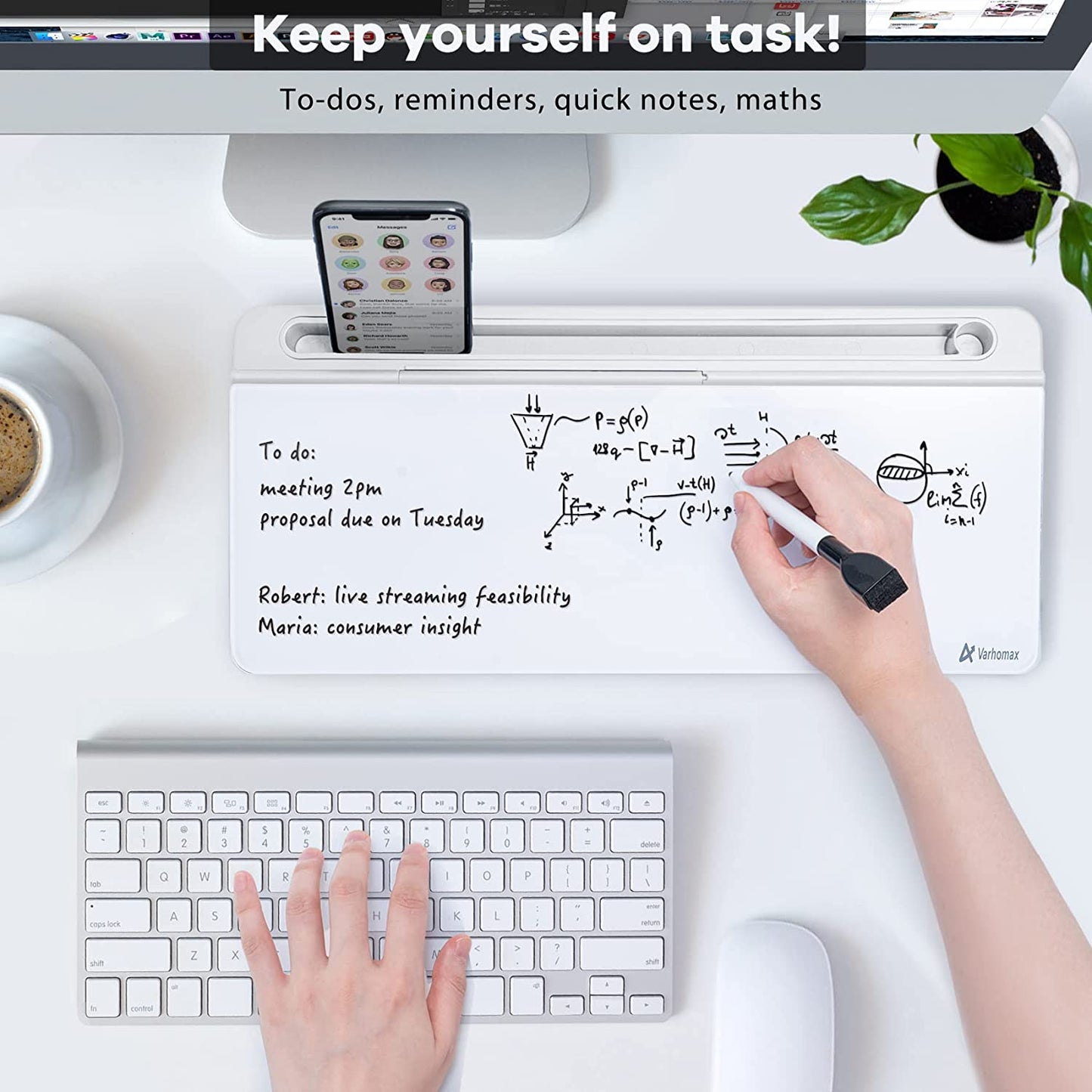 Glass Desk Whiteboard with Storage, Desktop Organizer To-Do List Memo Notepad Dry Erase White Board for Home Office and School Supplies (White)