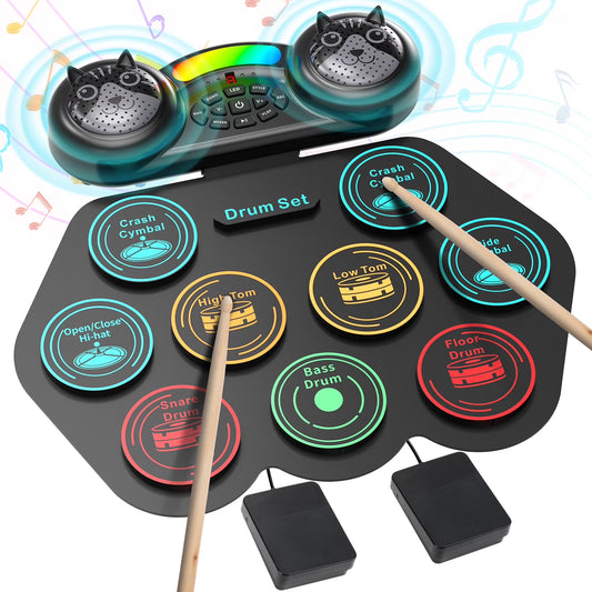Electronic Drum Set for Kids Adults,9 Pads Portable MIDI Roll-Up Drum Kit with Dual Speakers / Headset Jack / Drumsticks / Foot Pedals,For Beginners