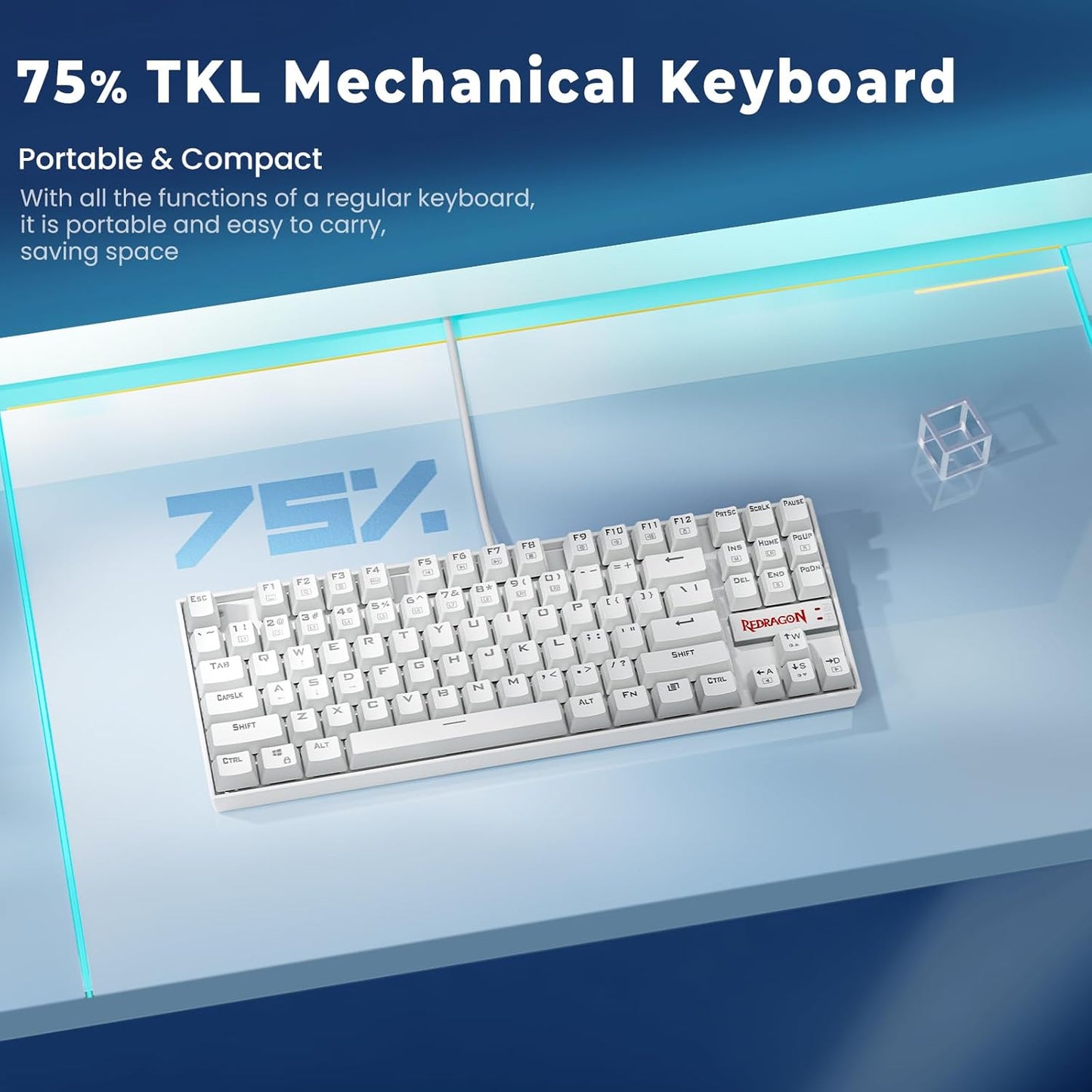 K552P Mechanical Gaming Keyboard TKL with 18 Backlight Modes, Hot-Swappable Red Switches, 87-Key Compact Ergonomic Design, N-Key Rollover & Software Programmable Macro - RGB, White