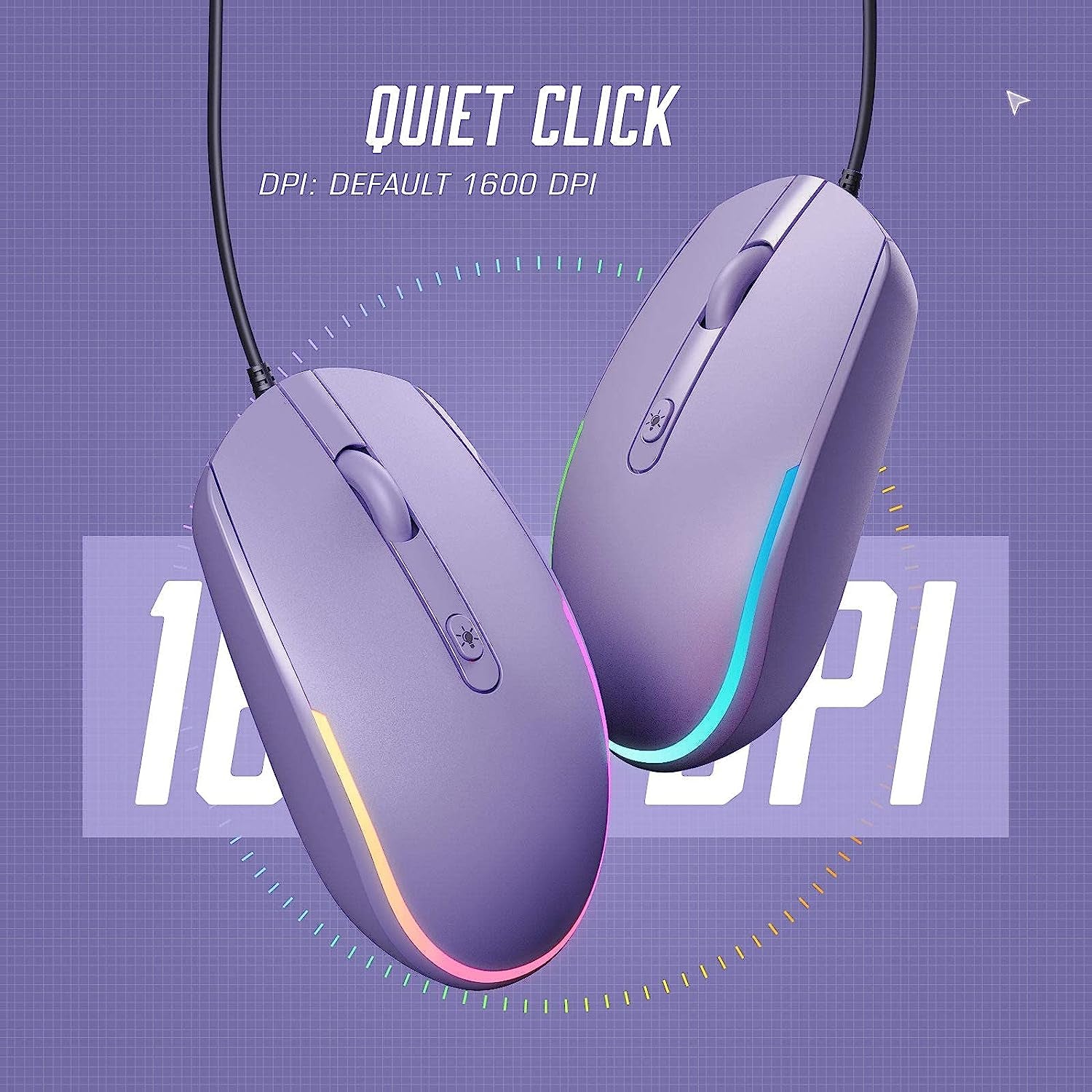 Wired Mouse - USB Computer Mice Wired with RGB Backlit Optical LED Mouse with Attached USB Cord for Laptops Notebooks Chromebook - Purple