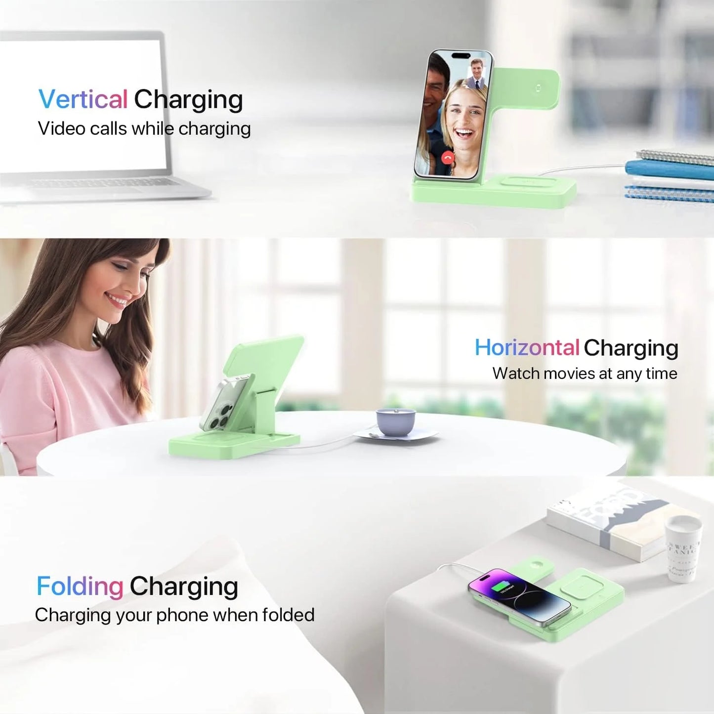 Wireless Charger for Iphone,3 in 1 Wireless Charging Station for Iphone 17 16 15 14 13 12 11 Pro Max plus XS XR X 8,For Iwatch 9 8 7 6 5 4 3 2 Se,For Airpods 3 2 Pro,Light Green,No Adapter