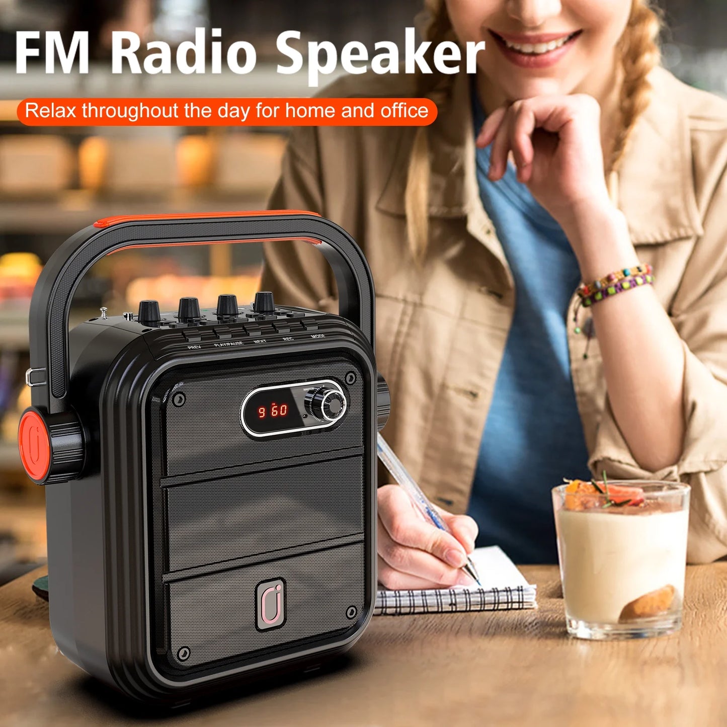 Portable Bluetooth Speaker, Outdoor Speaker with FM Radio, Portable PA System with 2 Microphones, Deep Bass, Wireless Stereo Pairing, AUX Input, TWS