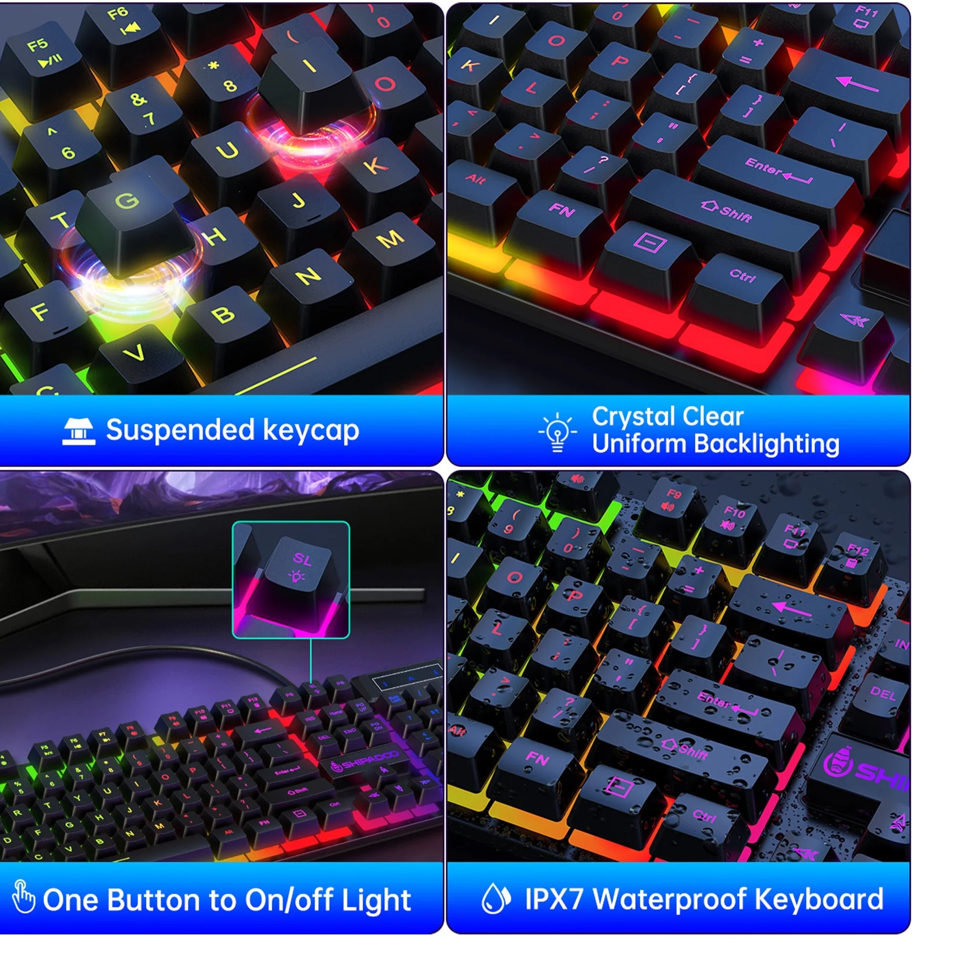Gaming Keyboard & Mouse, 104 Keys LED RGB Backlit Quiet Computer Keyboard, Multimedia Keys, 26 Anti-Ghosting Keys, Waterproof Light up USB Wired Keyboard for PC Gamers Desktop Computer Laptop,Black