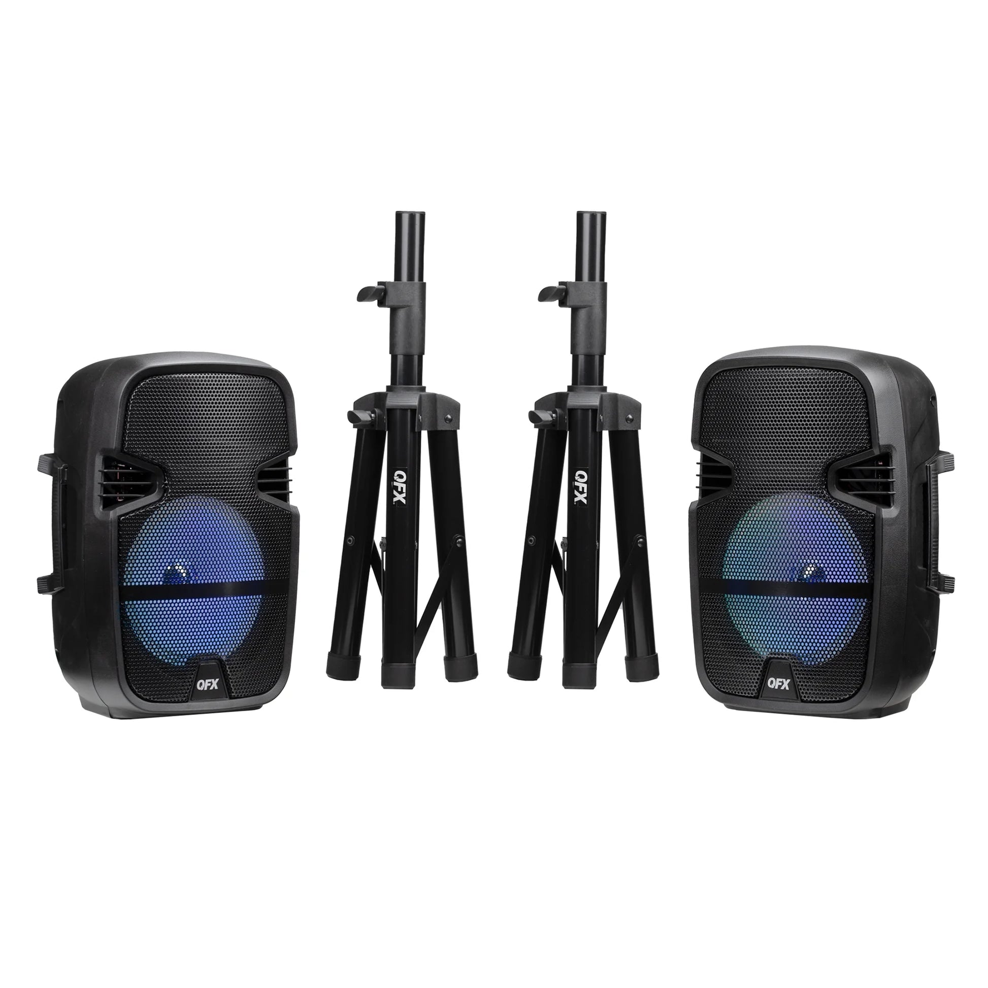 PBX-808TWS Dual 8-Inch Portable Bluetooth PA Speaker System with Stands, Wired Mics, Remotes, USB/FM/TWS/LED