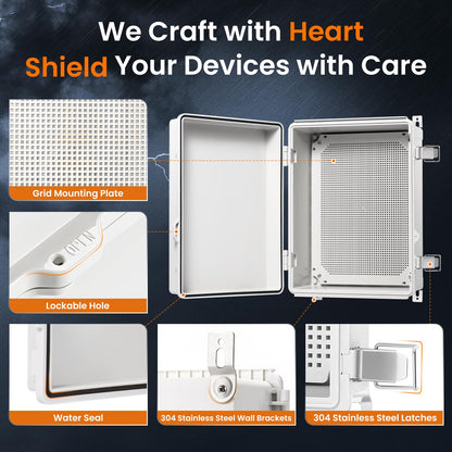 Waterproof Junction Box IP67 Outdoor Plastic Electrical Project Enclosure Weatherproof with Mounting Plate, Wall Brackets, Hinged Grey Cover 16.1"X12.2"X7.1"