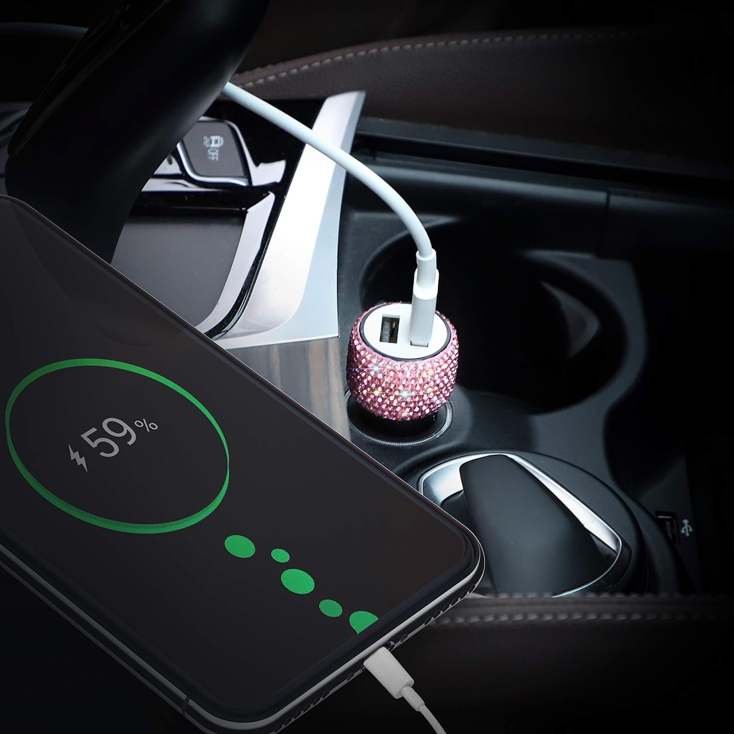 Dual USB Car Charger, Car Adapter Bling Bling Rhinestones Crystal Car Decorations for Fast Charging Car Decors for Iphone Xs Max X Plus, Ipad Pro/Mini, Samsung