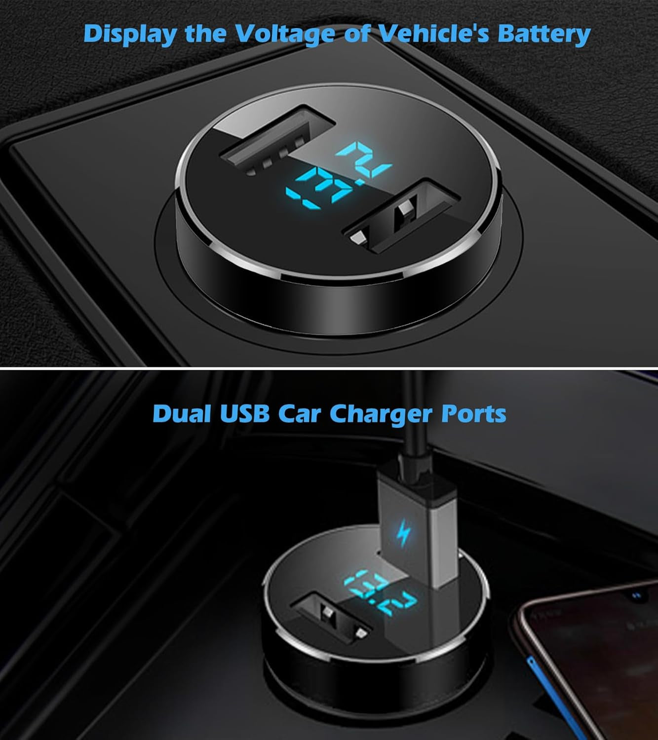 2 USB Car Charger,12V/24V Voltage Meter, Output 4.8A, Cigarette Lighter Plug Adapter Compatible with Iphone,Ipad, Samsung, USB Charging Devices, Black