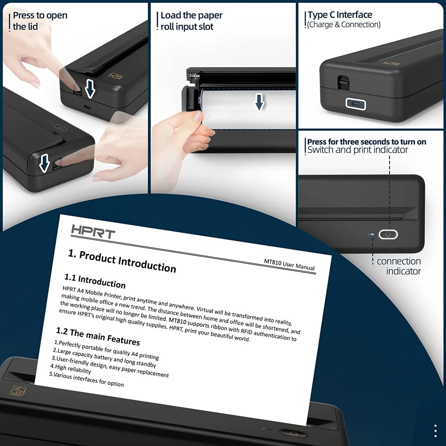 HPRT MT810 Portable Printer, A4 Wireless Bluetooth Travel Printer, Thermal Printer Support 8" & 4" Thermal Roll Paper Suitable for Home Vehincles Office Business