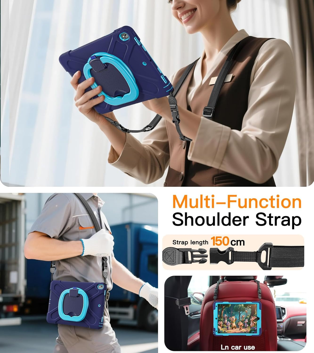 Ipad Air 3Rd Generation Case 2019 / Ipad Pro 10.5 Inch Case 2017; Rugged Heavy Duty Protective Cover with Pencil Holder, 360° Swivel Stand, Shoulder Strap; for Kids (Navy Blue+Blue)