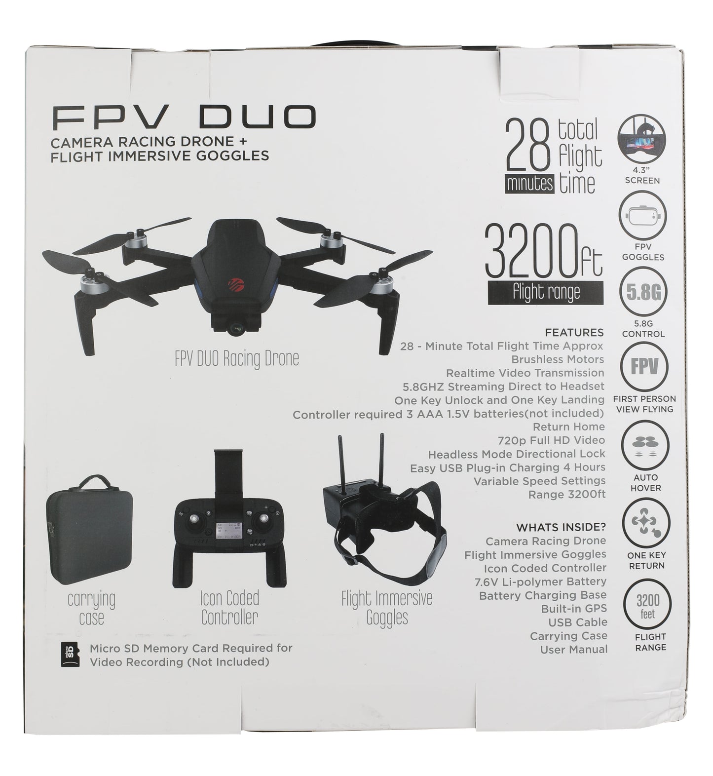 FPV Duo Racing Drone with Goggles and GPS, Black