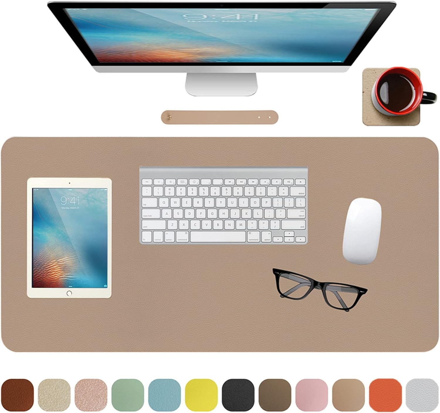 Leather Desk Pad Protector,Non-Slip Mouse Pad,Laptop Desk Pad,Office Mouse Mat,Waterproof Leather Desk Blotter,Desk Writing Pad for Office and Home (M-Beige,30"X14")