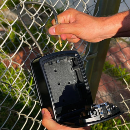 ® Key Lock Box Portable with Cable Shackle & Wall Mount – Waterproof Heavy Duty Metal Lock Box for Keys with 4-Digit Combination Code on Door Knob, Fence, Pipe or Gate (Black, XXL)