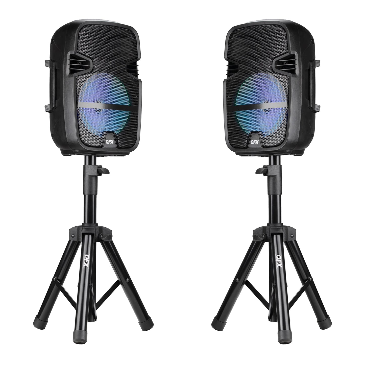 PBX-808TWS Dual 8-Inch Portable Bluetooth PA Speaker System with Stands, Wired Mics, Remotes, USB/FM/TWS/LED