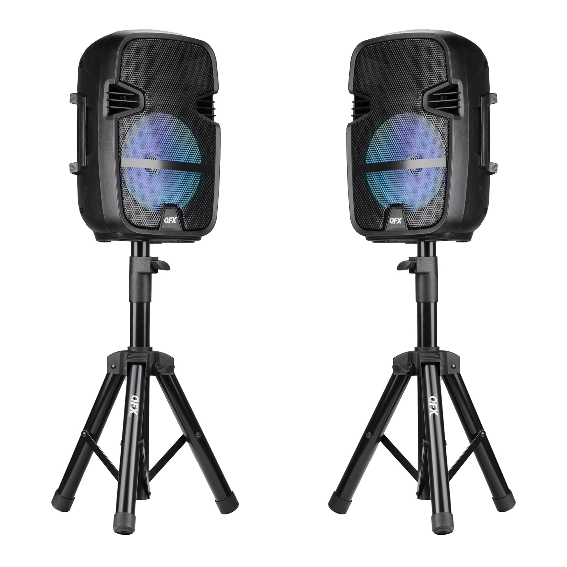 PBX-808TWS Dual 8-Inch Portable Bluetooth PA Speaker System with Stands, Wired Mics, Remotes, USB/FM/TWS/LED