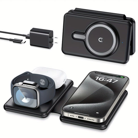 Cell Phone Wireless Charger - 3-In-1 Travel Charging Station for Multiple Devices, Portable Foldable Magnetic Charging Pad