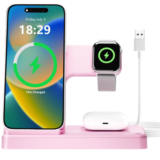 Wireless Charger for Iphone,3 in 1 Wireless Charging Station for Iphone 17 16 15 14 13 12 11 Pro Max plus XS XR X 8,For Iwatch 9 8 7 6 5 4 3 2 Se,For Airpods 3 2 Pro,Pink,No Adapter