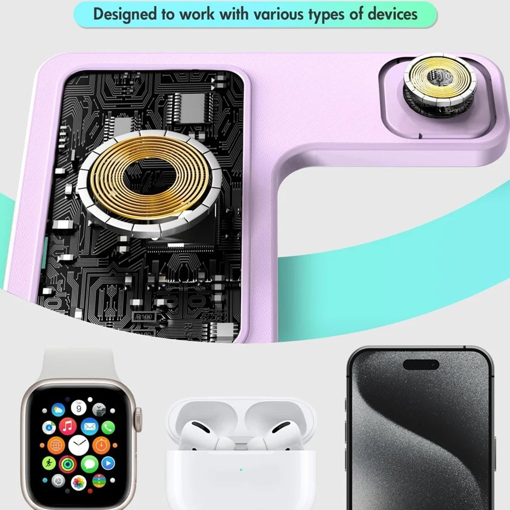 Wireless Charger for Iphone,3 in 1 Wireless Charging Station for Iphone 17 16 15 14 13 12 11 Pro Max plus XS XR X 8,For Iwatch 9 8 7 6 5 4 3 2 Se,For Airpods 3 2 Pro,Purple,No Adapter