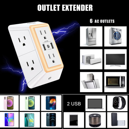 3 Sided Outlet Extender 6 Outlets with 2 USB Ports, Multi Plug Outlet Splitter for Home, Office