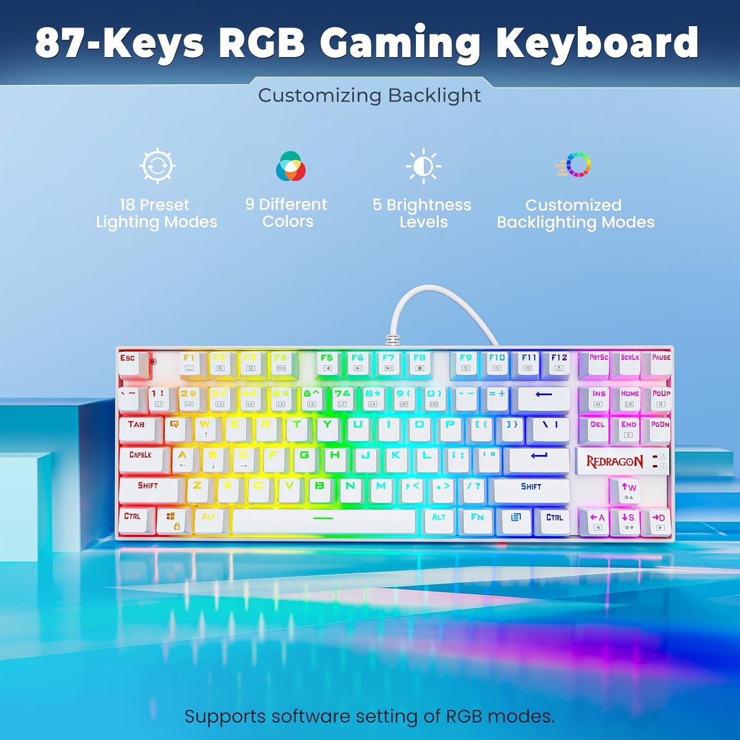 K552P Mechanical Gaming Keyboard TKL with 18 Backlight Modes, Hot-Swappable Red Switches, 87-Key Compact Ergonomic Design, N-Key Rollover & Software Programmable Macro - RGB, White