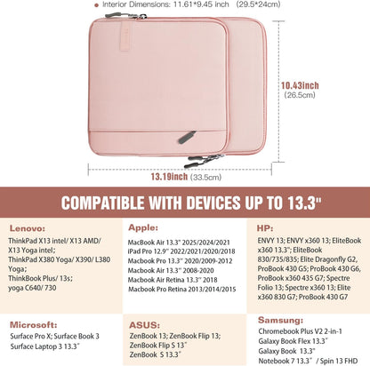 13.3-14 Inch Laptop Sleeve Case Carrying Bag with Pockets for Surface Pro 9/8/X, Macbook Air 2022-2018, Macbook Pro M2 14" /13" M2/M1 Max 14.2 2023-2021, Galaxy Tab S9+/S8+ 12.4", Pink