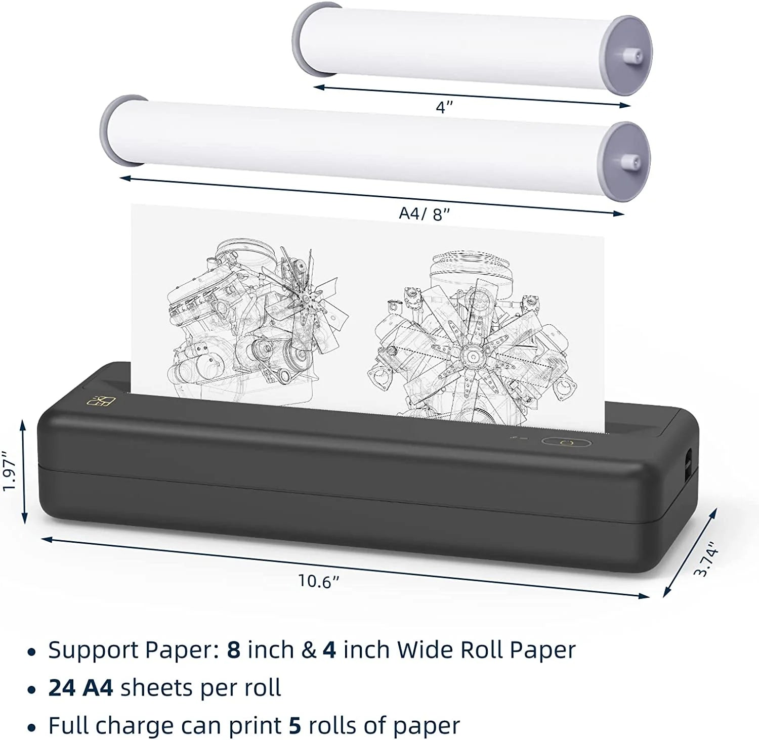 HPRT MT810 Portable Printer, A4 Wireless Bluetooth Travel Printer, Thermal Printer Support 8" & 4" Thermal Roll Paper Suitable for Home Vehincles Office Business