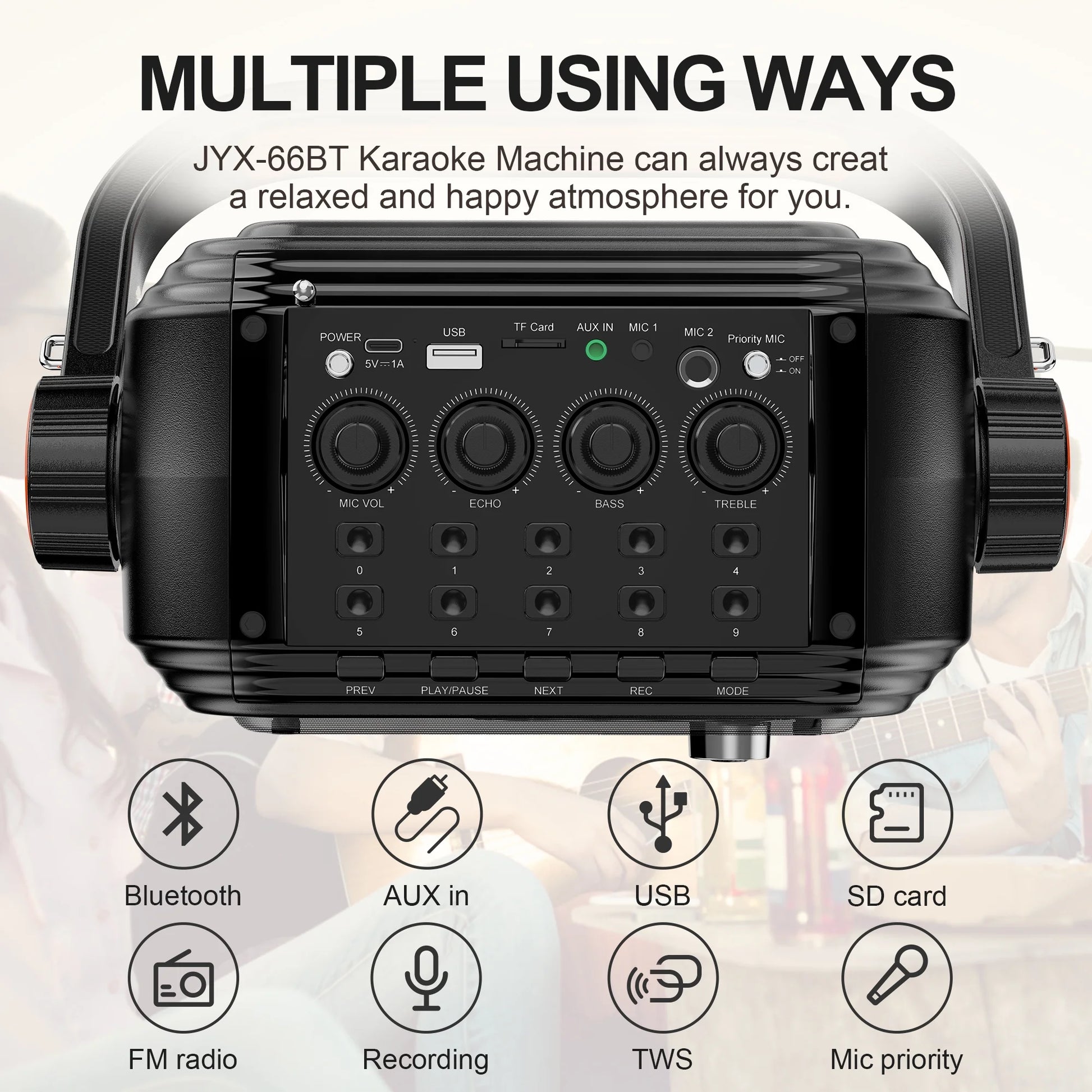 Portable Bluetooth Speaker, Outdoor Speaker with FM Radio, Portable PA System with 2 Microphones, Deep Bass, Wireless Stereo Pairing, AUX Input, TWS