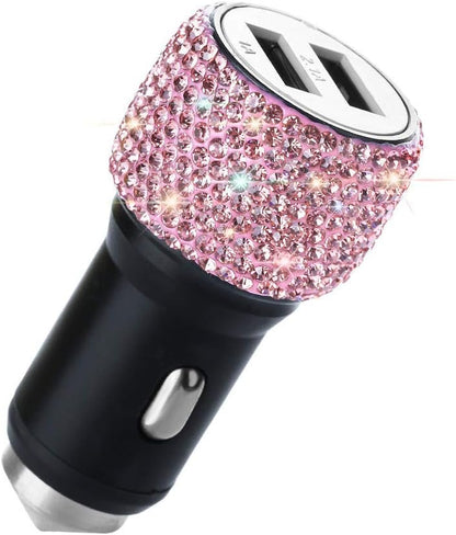 Dual USB Car Charger, Car Adapter Bling Bling Rhinestones Crystal Car Decorations for Fast Charging Car Decors for Iphone Xs Max X Plus, Ipad Pro/Mini, Samsung