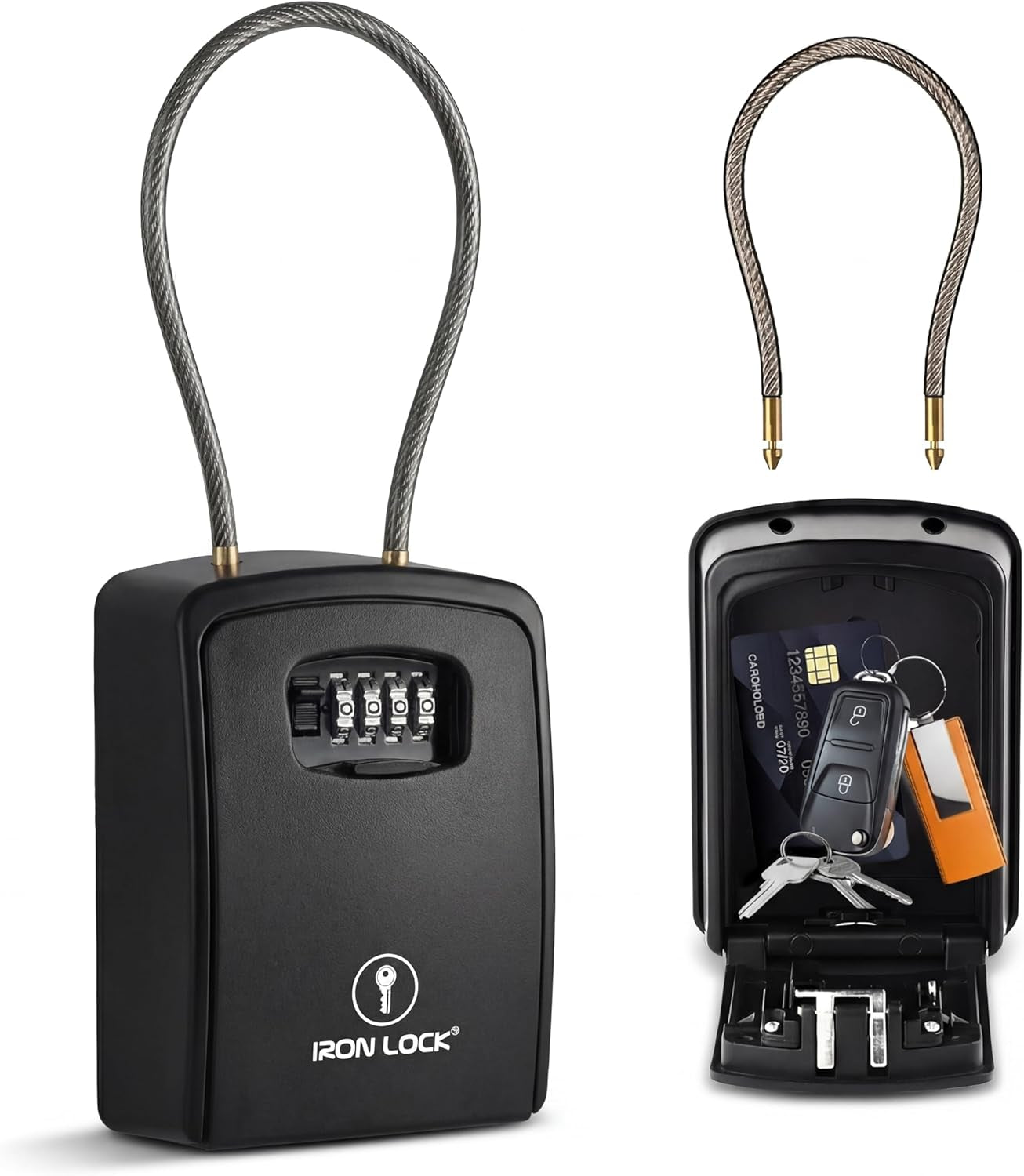 ® Key Lock Box Portable with Cable Shackle & Wall Mount – Waterproof Heavy Duty Metal Lock Box for Keys with 4-Digit Combination Code on Door Knob, Fence, Pipe or Gate (Black, XXL)