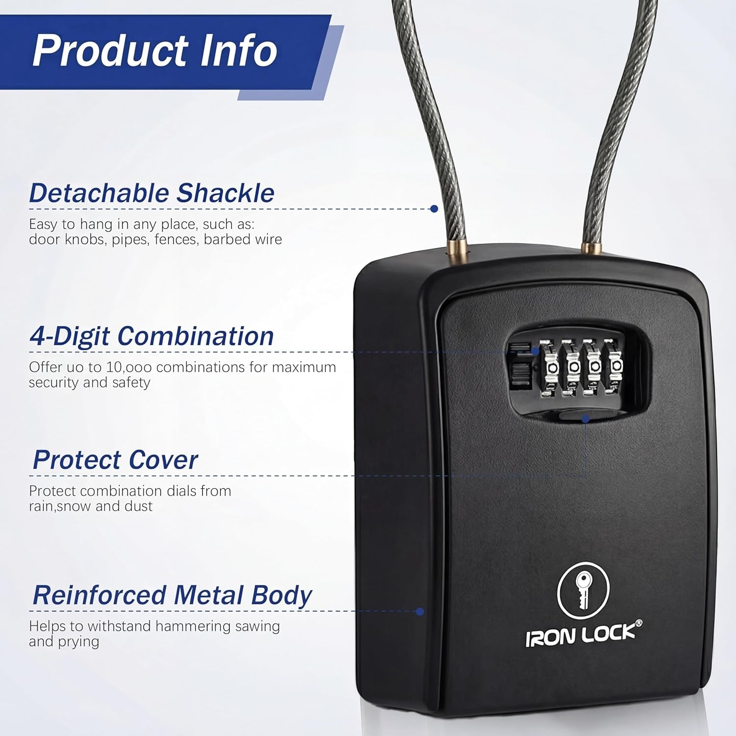 ® Key Lock Box Portable with Cable Shackle & Wall Mount – Waterproof Heavy Duty Metal Lock Box for Keys with 4-Digit Combination Code on Door Knob, Fence, Pipe or Gate (Black, XXL)