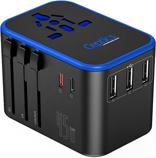 Universal Travel Adapter, 45W International Power Adapter with PD & QC 3.0 Dual USB-C, 3 USB Travel Adapter Worldwide, Type I C G a Outlets 110V 220V A/C - EU Euro US UK (11-KU)