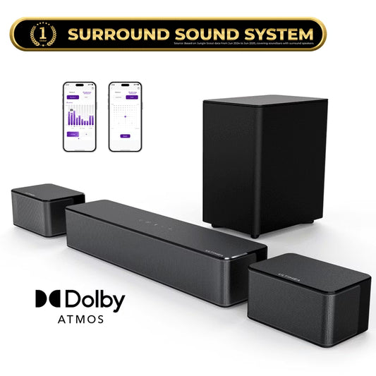 5.1 Dolby Atmos Sound Bar, 450W Peak Power, Surround Sound System for TV, Wireless Subwoofer Bass Boost, Surround Adjustable
