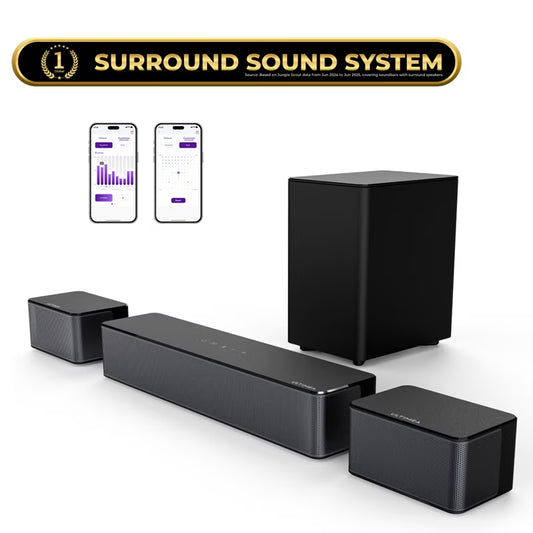 5.1 Surround Sound Bar, Virtual Surround Sound System, 350W Sound Bar for TV with Wireless Subwoofer and Rear Speakers, 3D Surround and Bass Adjustable Home Theater TV Speakers