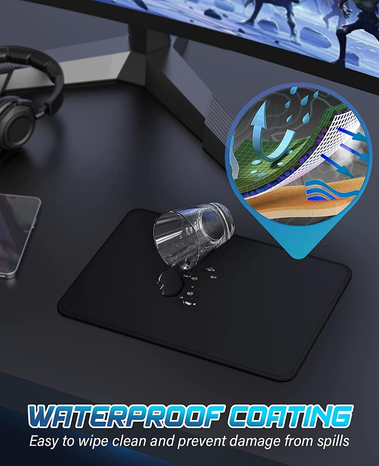 Computer Mouse Pad with Stitched Edges, Washable Mouse Mat with Superior Micro-Weave Cloth, Gaming Mouse Pad for Office & Home, Non-Slip Rubber Base, Black