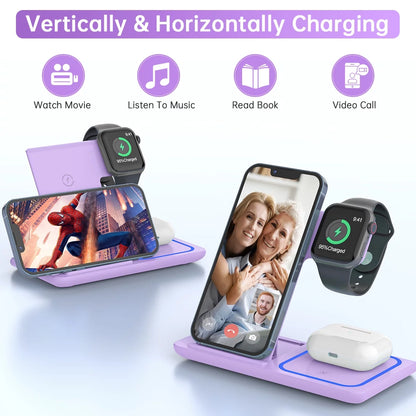 Wireless Charging Station, 3 in 1 Wireless Charger for Iphone 17/16/15/14/13/12/11/Pro/Pro Max/Xs, 18W Charging Dock for Iwatch Series 11 10 9 8 7 6 5 4 3 2, Airpods 4/3/2/Pro(Purple)