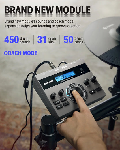 Adults Electronic Drum Set with Quiet Mesh Drum Pads, 31 Kits, 450+ Sounds, DED-200X, Gray