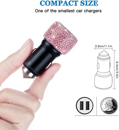 Dual USB Car Charger, Car Adapter Bling Bling Rhinestones Crystal Car Decorations for Fast Charging Car Decors for Iphone Xs Max X Plus, Ipad Pro/Mini, Samsung