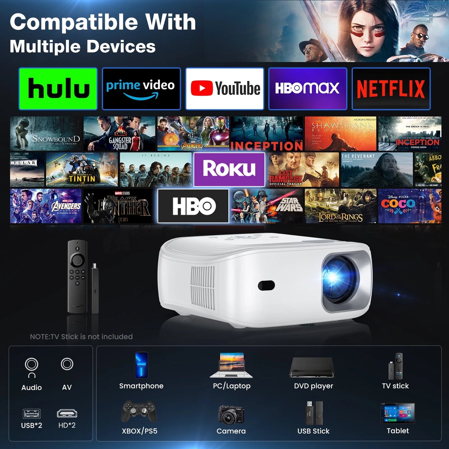 Projector with Wifi and Bluetooth Portable Projectors, 4K Support Mini Projector with Speaker, FHD Native 1080P Projectors for Outdoor Movies Home Theater
